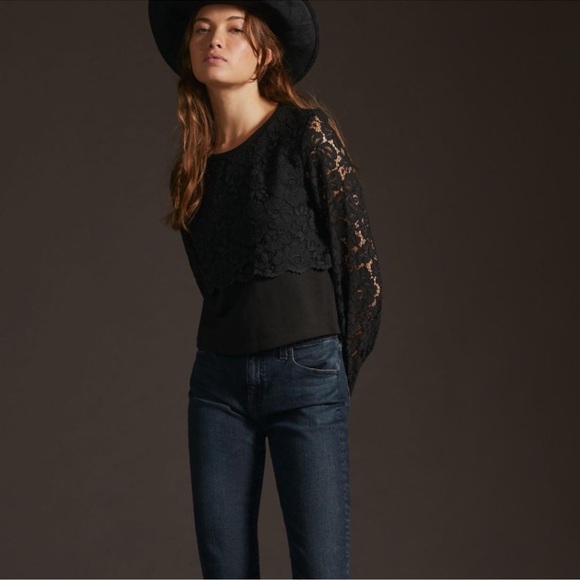 Anthropologie Maeve Lace Floral Black Top Blouse Sweatshirt small - Picture 3 of 16